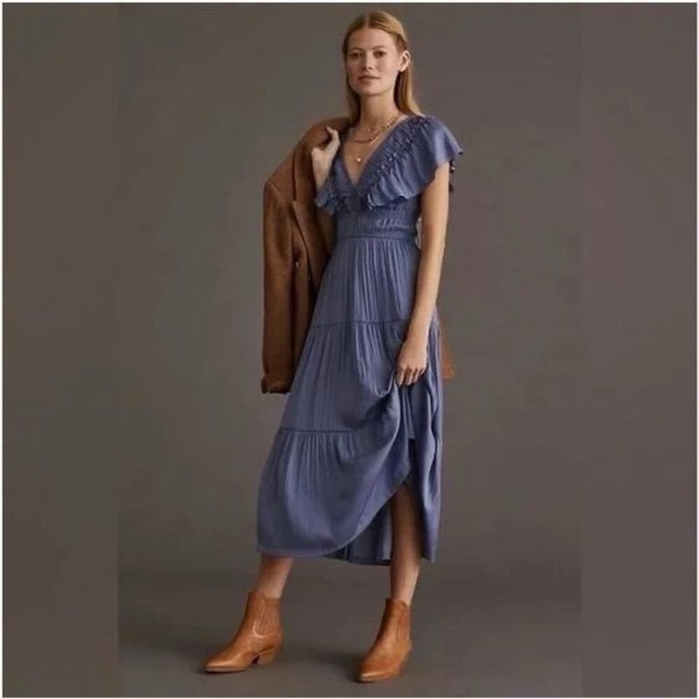 BY ANTHROPOLOGIE RUFFLED TIERED MIDI DRESS SIZE S Blue Gray Silky